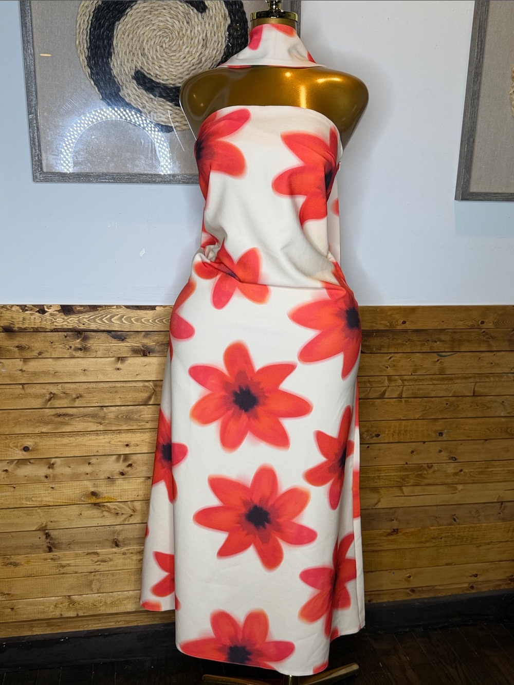 Turkish Strapless Red Floral Midi Dress in White